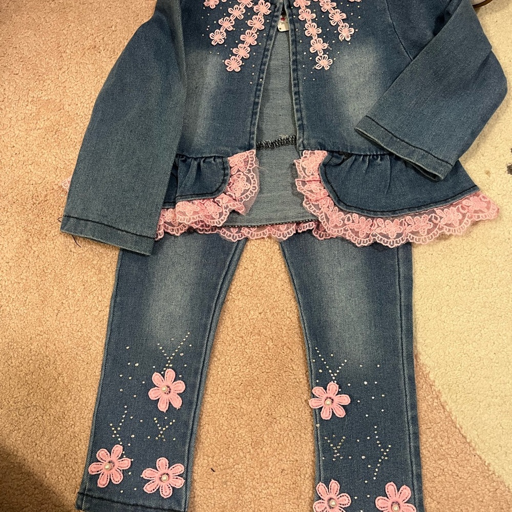 2T Denim Jacket and Jeans Set with Pink Floral Embroidery